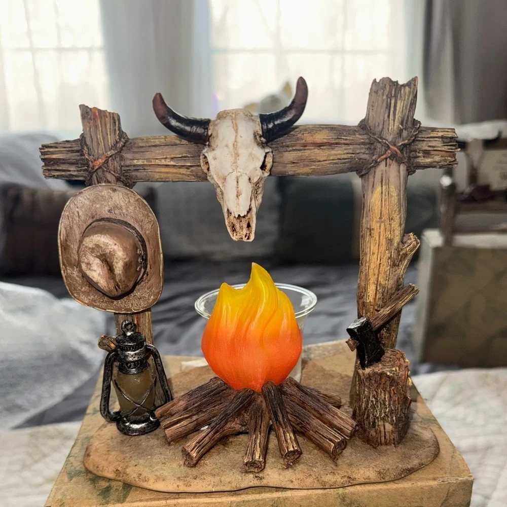 Rustic Western Campfire Tealight Candle Holder Longhorn Skull Cowboy Cabin